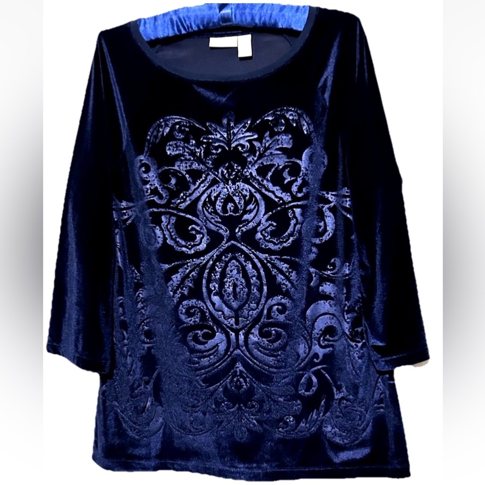 Chicos Top 1 Velvet Burnout Whimsigoth Dark Fairy Navy Blue Velveteen Shirt S/M
